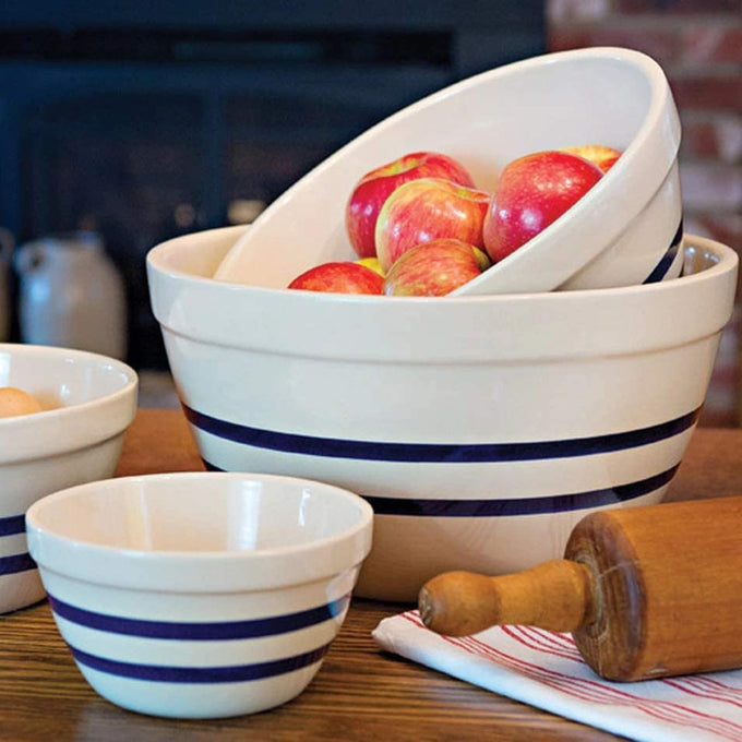 Set of handcrafted stoneware shoulder bowls with classic blue stripes, made in USA, ideal for mixing, baking, serving, and part of Kitchen & Food, Cookware, and Best Sellers collections.