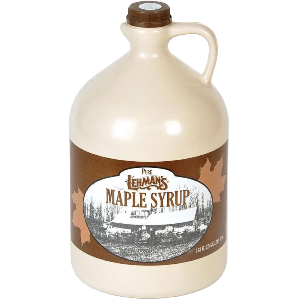 Handcrafted beige jug of medium amber maple syrup with a vintage brown label featuring a historic sugarhouse, perfect for Kitchen & Food, Pantry, USA Made, Best Sellers, and Promo Eligible collections.