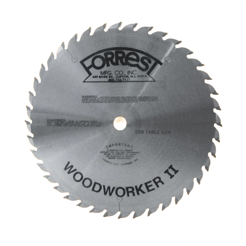 Circular saw blade with sharp carbide teeth, labeled "WOODWORKER II" by Forrest MFG. Co., designed for precision cuts in woodworking, featured in tool collections.