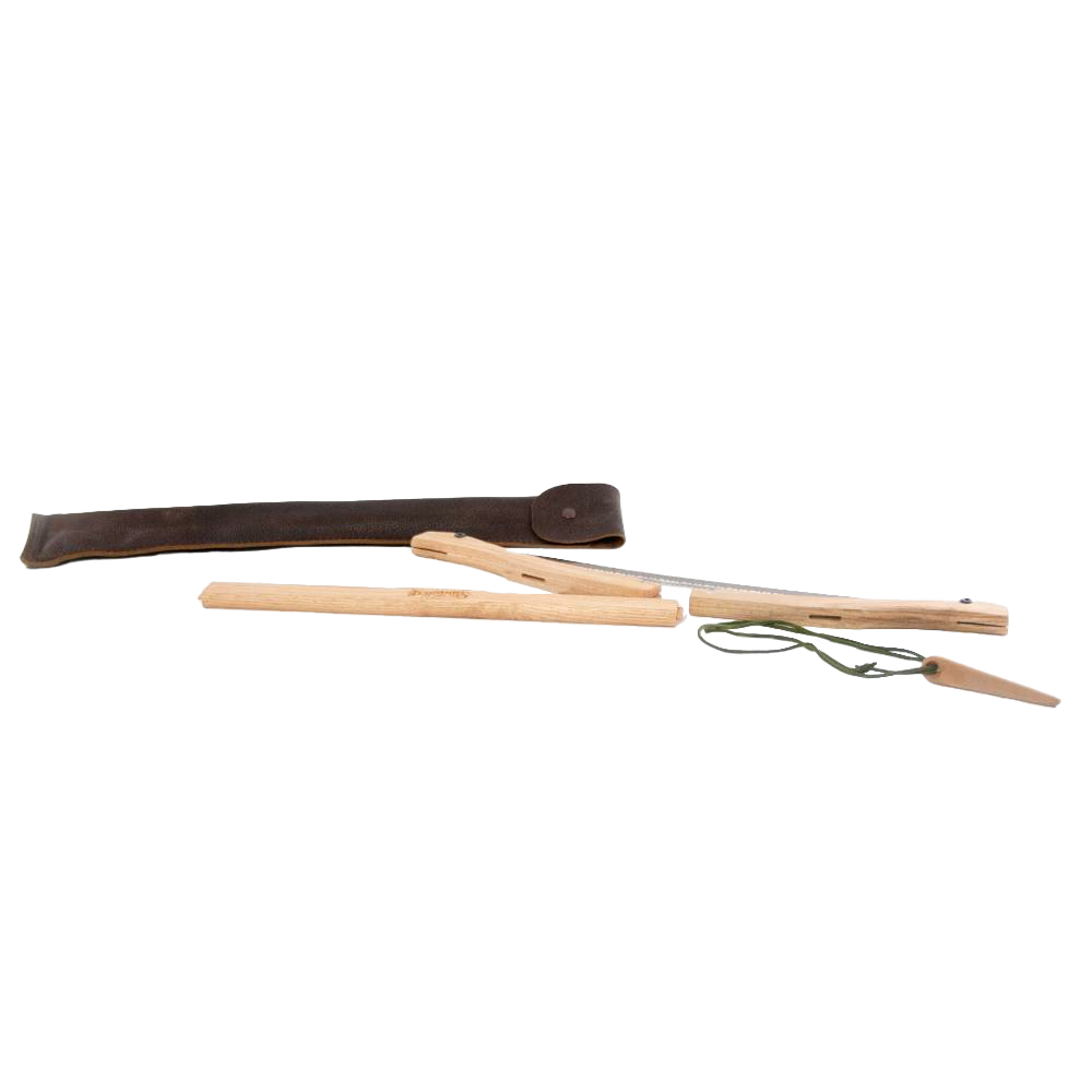 Disassembled handcrafted bow saw with a smooth wooden frame, high carbon steel blade, tensioning cord, and protective dark leather case, ideal for farm, garden & tool and wood cutting collections.
