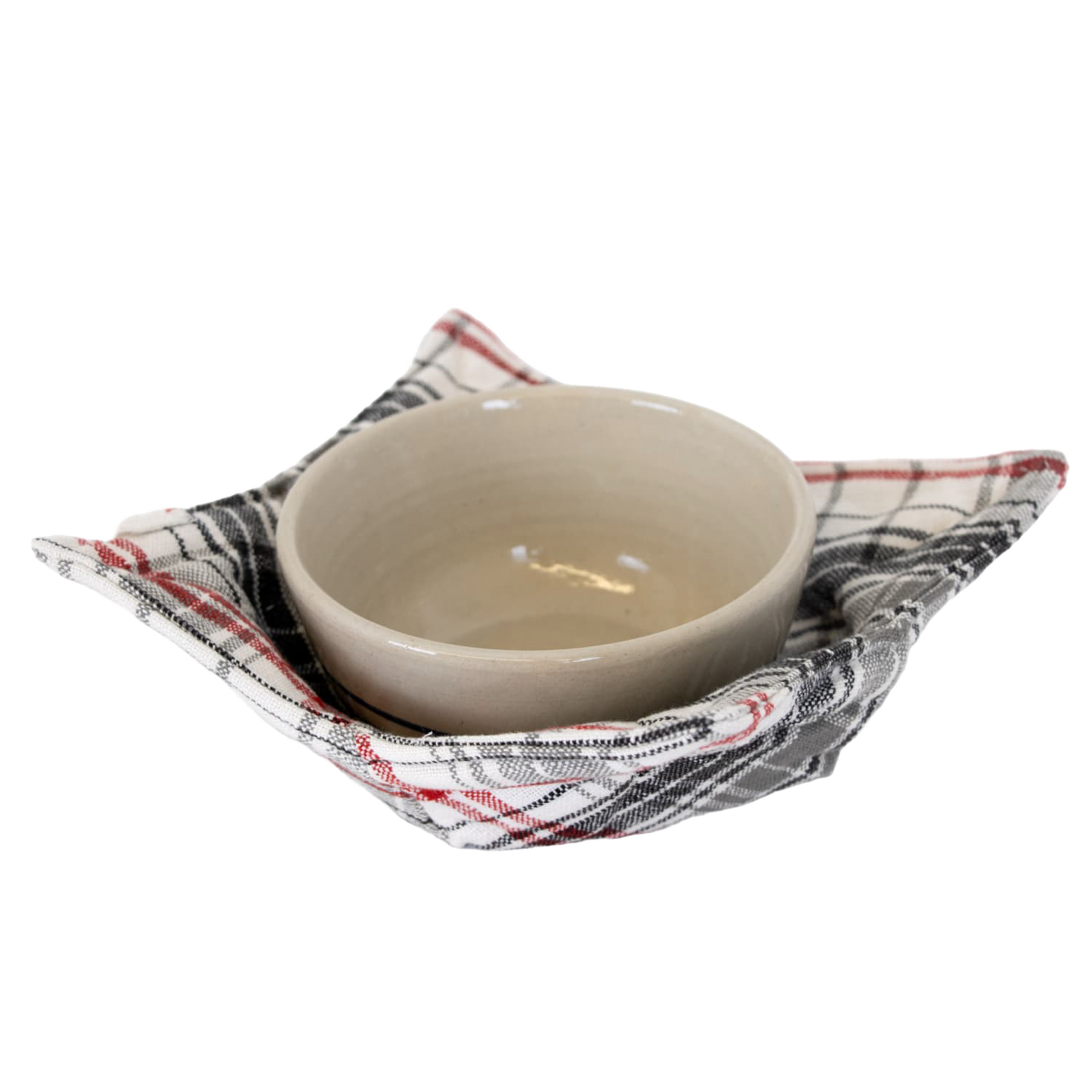 Beige ceramic bowl resting in a handcrafted plaid cotton cozy with red, black, and white pattern, designed to protect hands and surfaces, ideal for Kitchen & Food, Kitchen Textiles, Storage and Serving, Best Sellers, and Promo Eligible collections.