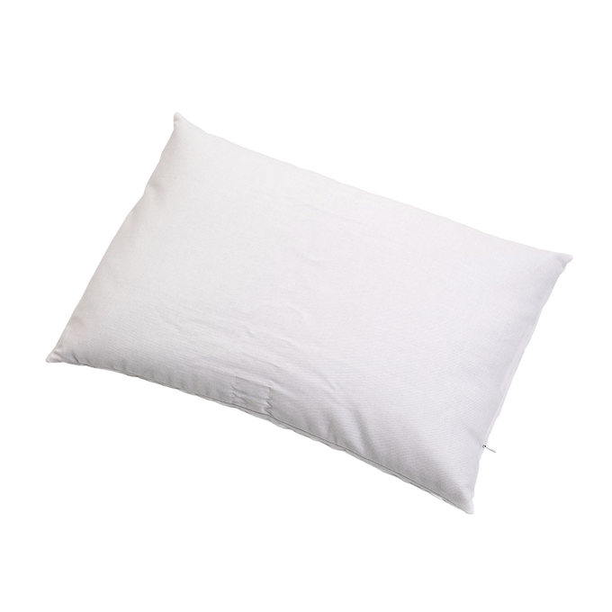 Handcrafted white pillow with a smooth cover, naturally contoured for supportive comfort, made in USA, featured in Home & Decor, Home Textiles, USA Made, Best Sellers, and Promo Eligible collections.