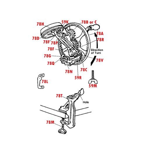 Detailed technical diagram illustrating the main blade and assembly parts for a traditional apple peeler, highlighting individual components used in farm, garden, and kitchen equipment collections.