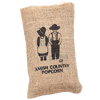 Small burlap bag with silkscreened Amish Country design showing a boy and girl, filled with popcorn, handcrafted in USA, ideal for Kitchen & Food, Snacks and Sweets collections.