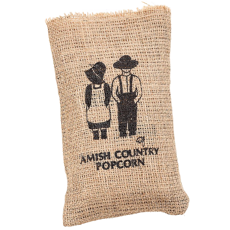 Small burlap bag with silkscreened Amish Country design showing a boy and girl, filled with popcorn, handcrafted in USA, ideal for Kitchen & Food, Snacks and Sweets collections.