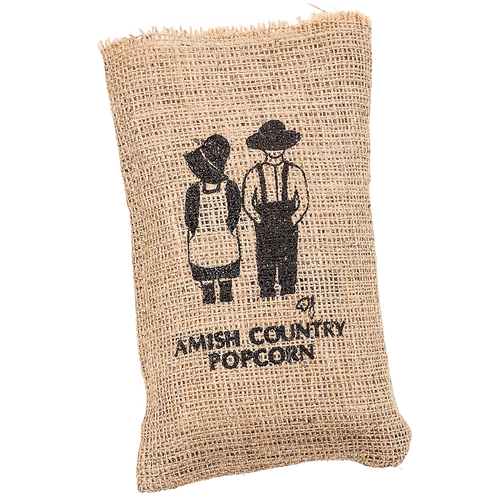 Small burlap bag with silkscreened Amish Country design showing a boy and girl, filled with popcorn, handcrafted in USA, ideal for Kitchen & Food, Snacks and Sweets collections.