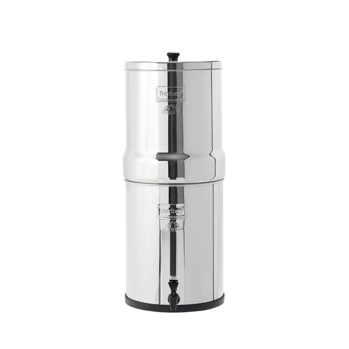 Highly polished stainless steel water filter with 3.25-gallon capacity, featuring dual chambers and a spigot, suitable for emergency supplies, appliances, and water treatment collections.