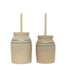 Pair of handcrafted stoneware butter churns in natural color with smooth wooden dashers and classic double blue stripes, made in USA, featured in Kitchen & Food and Specialty Equipment collections.