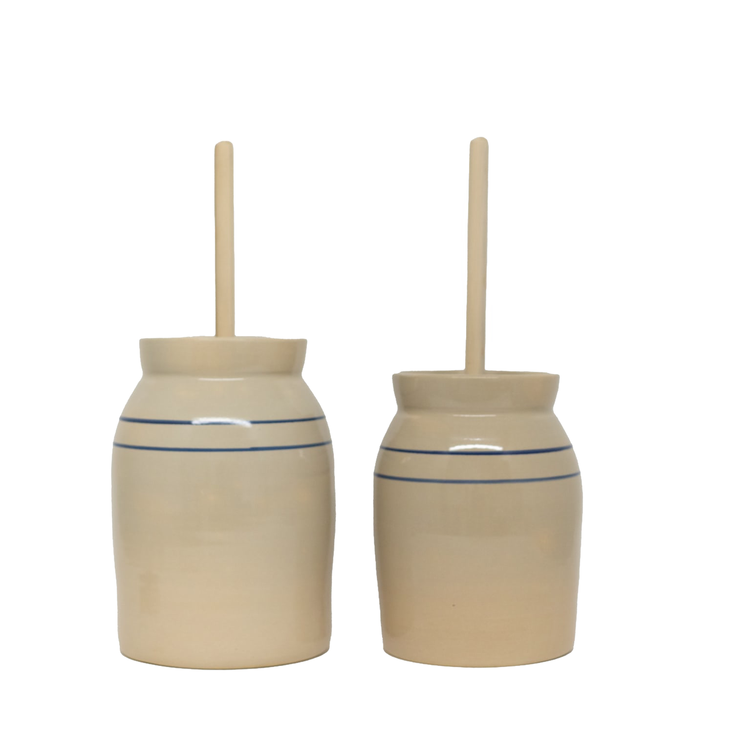 Pair of handcrafted stoneware butter churns in natural color with smooth wooden dashers and classic double blue stripes, made in USA, featured in Kitchen & Food and Specialty Equipment collections.