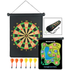 Two-sided magnetic dartboard with traditional and campground game designs, six brightly colored magnetic darts, and a compact carry pouch, ideal for children's outdoor play and lawn games collections.