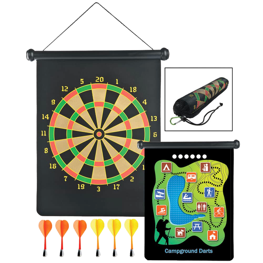 Two-sided magnetic dartboard with traditional and campground game designs, six brightly colored magnetic darts, and a compact carry pouch, ideal for children's outdoor play and lawn games collections.