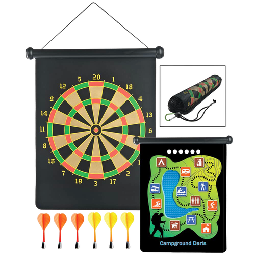 Two-sided magnetic dartboard with traditional and campground game designs, six brightly colored magnetic darts, and a compact carry pouch, ideal for children's outdoor play and lawn games collections.