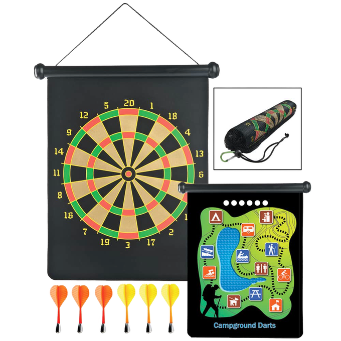 Two-sided magnetic dartboard with traditional and campground game designs, six brightly colored magnetic darts, and a compact carry pouch, ideal for children's outdoor play and lawn games collections.