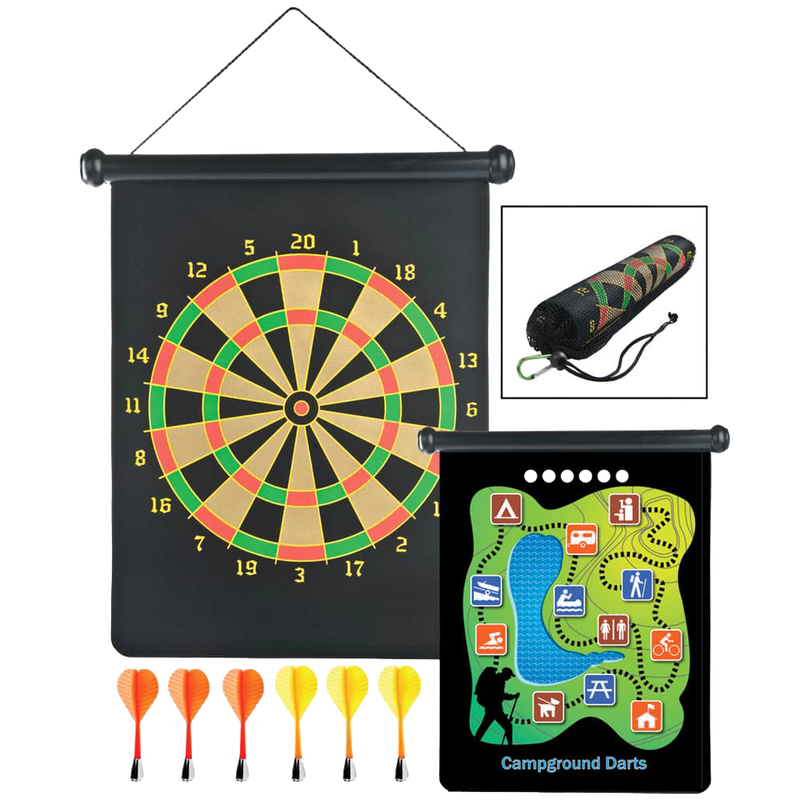 Two-sided magnetic dartboard with traditional and campground game designs, six brightly colored magnetic darts, and a compact carry pouch, ideal for children's outdoor play and lawn games collections.