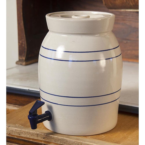 Handcrafted stoneware water cooler in cream with blue stripes and a spigot, made in USA, ideal for Kitchen & Food, Storage and Serving, Best Sellers, and Promo Eligible collections.