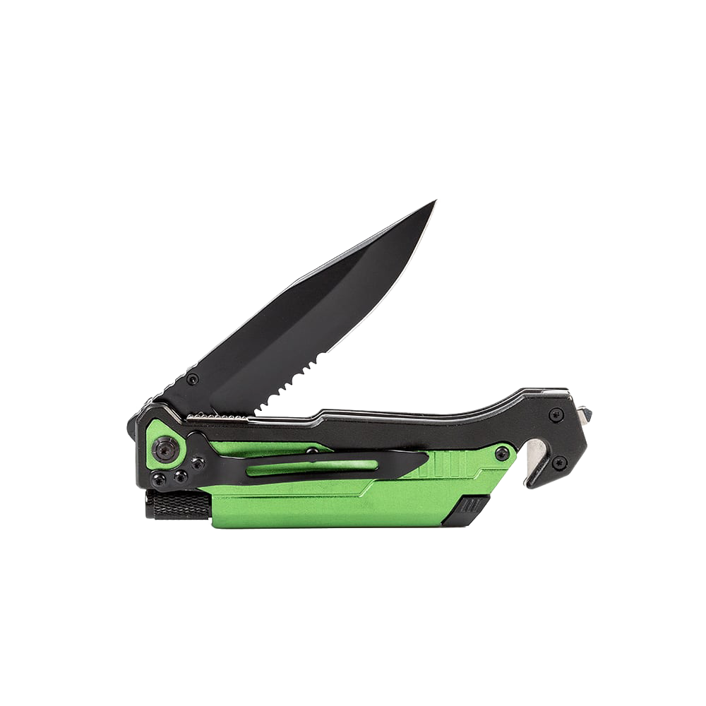 Handcrafted survival folding knife with bright green handle, black clip point blade, built-in seatbelt cutter, glass breaker, and serrated saw edge, perfect for camping and emergencies.