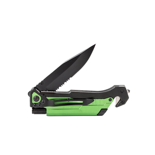 Handcrafted survival folding knife with bright green handle, black clip point blade, built-in seatbelt cutter, glass breaker, and serrated saw edge, perfect for camping and emergencies.
