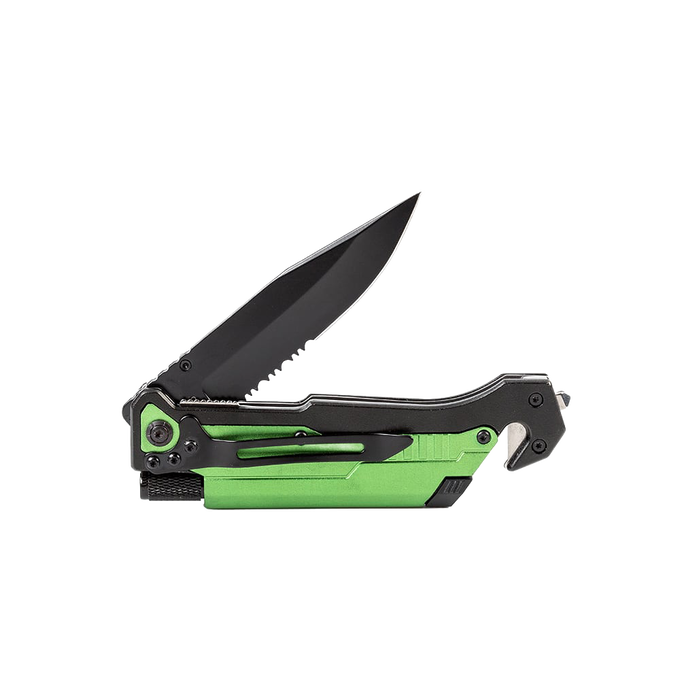 Handcrafted survival folding knife with bright green handle, black clip point blade, built-in seatbelt cutter, glass breaker, and serrated saw edge, perfect for camping and emergencies.