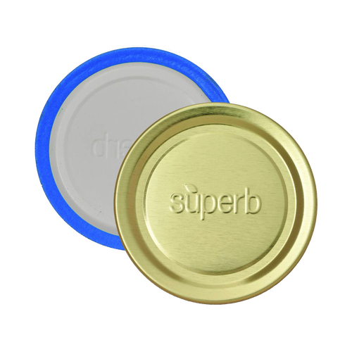 Two regular-mouth canning jar lids featuring a gold-tone metal top embossed with “superb” and a blue-sealed inner lining, designed for reliable food preservation in USA made kitchen collections.