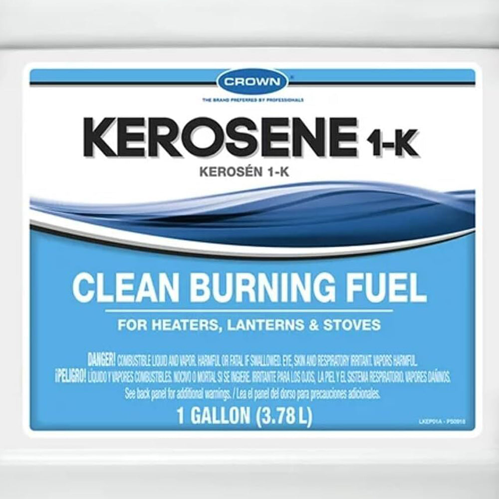 One-gallon container of clean burning 1-K kerosene fuel, made in USA, ideal for heaters, lanterns, and stoves; part of farm, garden, emergency, and lamp fuel supplies.