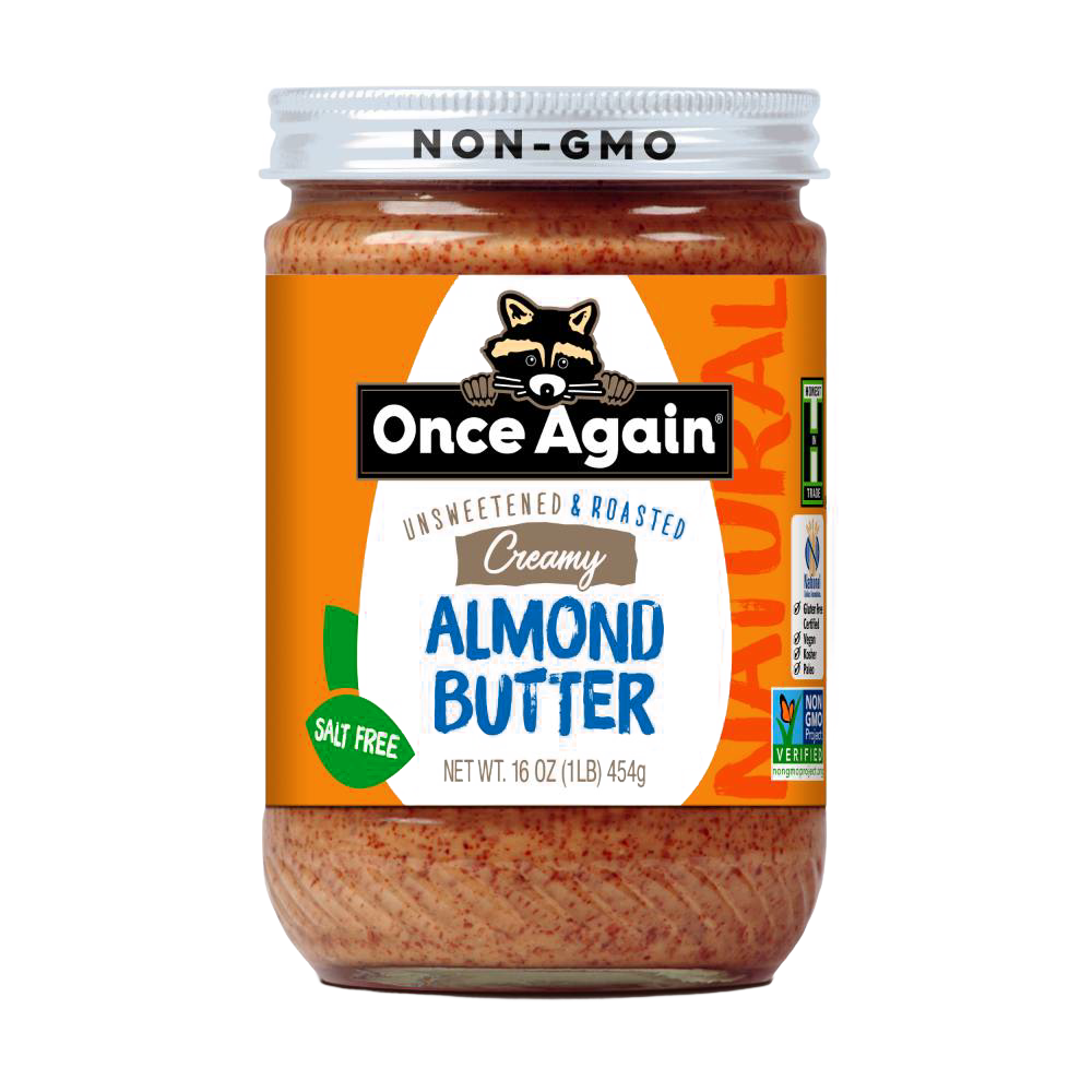 Jar of handcrafted creamy almond butter with no added sugar or salt, made in USA, gluten free, kosher, perfect for Kitchen & Food and Peanut Butter & Jellies collections.