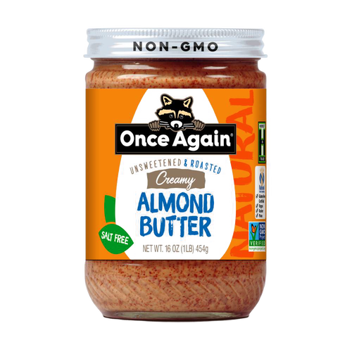 Jar of handcrafted creamy almond butter with no added sugar or salt, made in USA, gluten free, kosher, perfect for Kitchen & Food and Peanut Butter & Jellies collections.