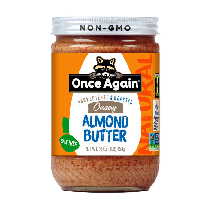 Jar of handcrafted creamy almond butter with no added sugar or salt, made in USA, gluten free, kosher, perfect for Kitchen & Food and Peanut Butter & Jellies collections.