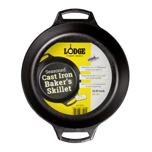 Seasoned cast iron 10.25-inch baker's skillet with dual handles, known for superior heat retention and even heating, featured in Kitchen & Food, Cookware, Cast Iron, USA Made, Best Sellers, and Promo Eligible collections.
