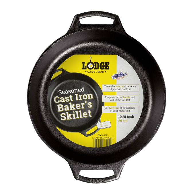Seasoned cast iron 10.25-inch baker's skillet with dual handles, known for superior heat retention and even heating, featured in Kitchen & Food, Cookware, Cast Iron, USA Made, Best Sellers, and Promo Eligible collections.