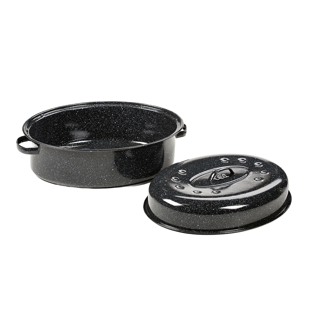 Handcrafted classic graniteware roaster with black enamel-on-steel finish, featuring a domed lid with self-basting dimples, ideal for Kitchen & Food, Cookware, Pots and Pans, and Best Sellers collections.