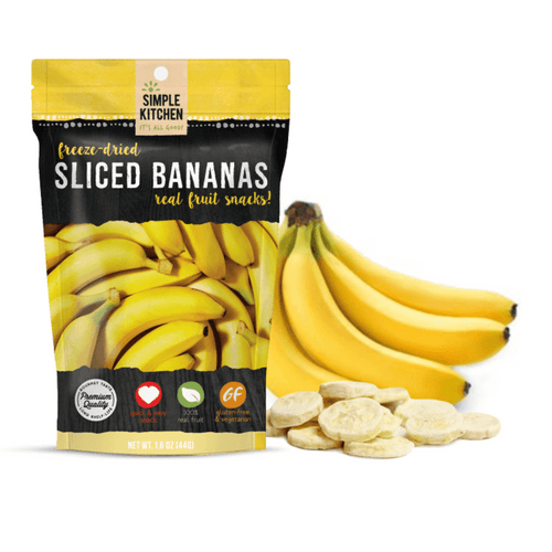 Package of Simple Kitchen freeze-dried sliced bananas next to fresh banana bunch and banana chips, suitable for Farm, Garden & Tool, Camping, Emergency Supplies, and Best Sellers collections.