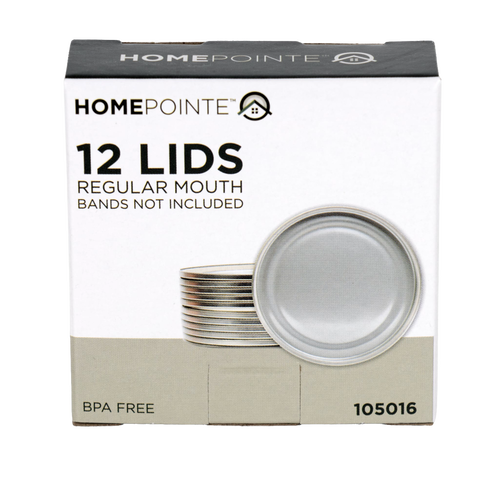 Box of twelve silver-toned regular-mouth canning lids with BPA-free sealing compound, ideal for Kitchen & Food, Food Preservation, Canning, and Best Sellers collections.