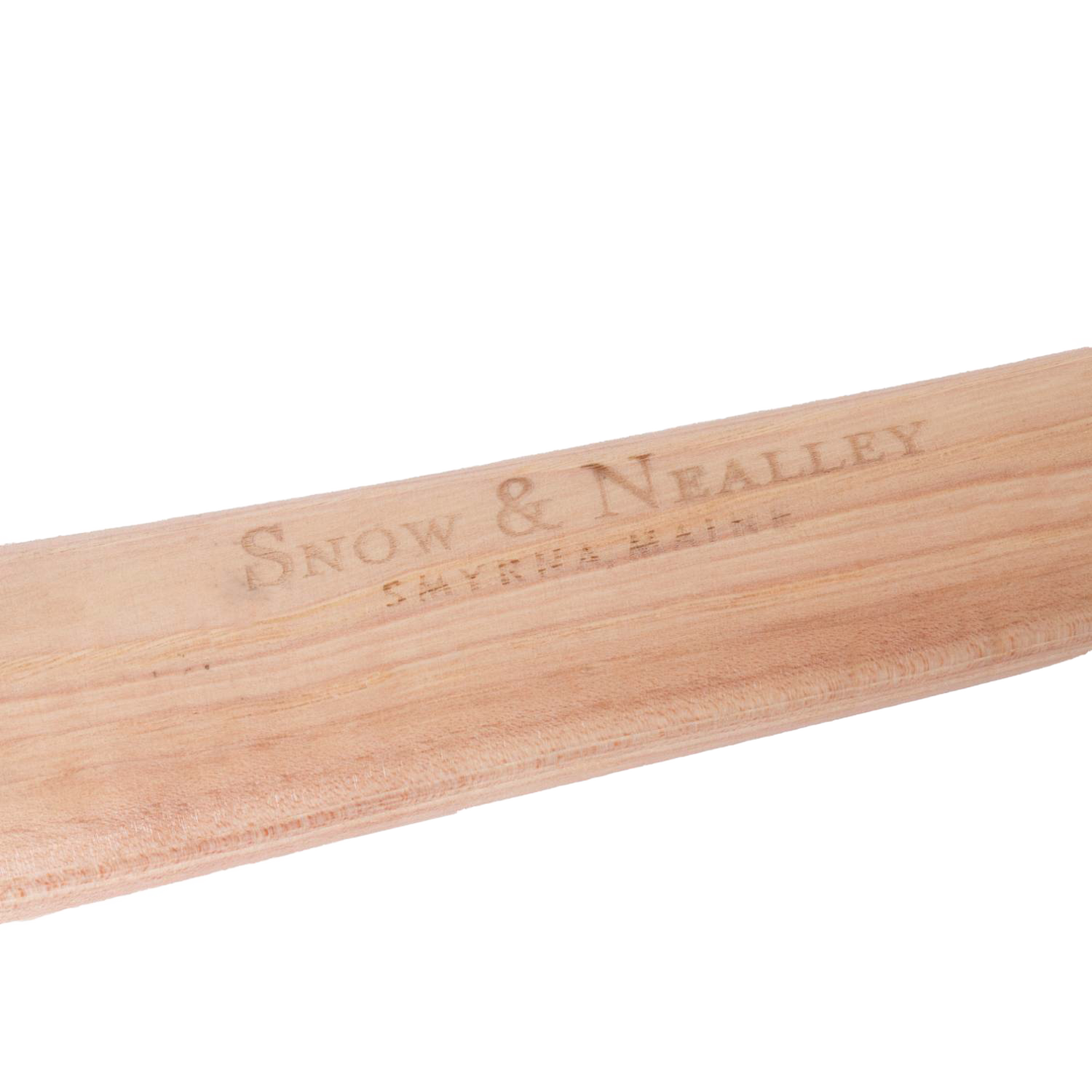 Close-up of a smooth hickory handle engraved with Snow & Nealley branding, showcasing handcrafted detail and Amish made quality for farm, garden, and wood cutting tools.