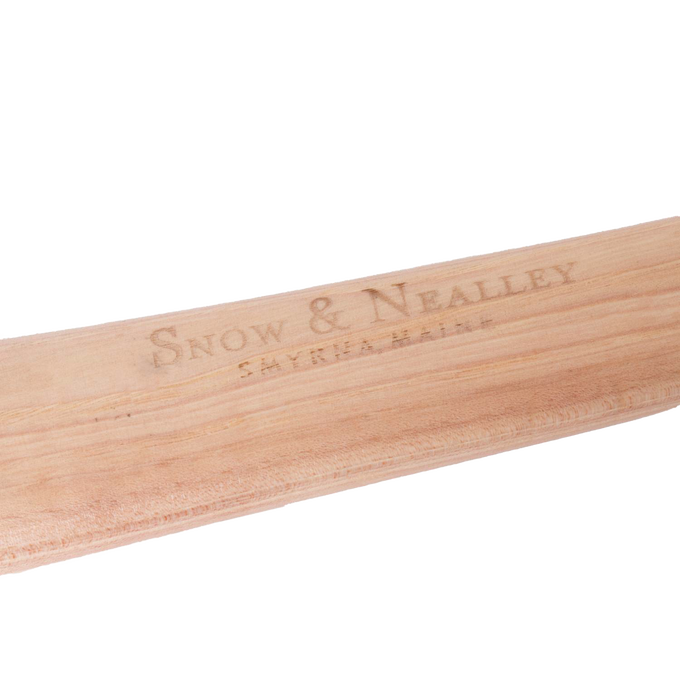 Close-up of a smooth hickory handle engraved with Snow & Nealley branding, showcasing handcrafted detail and Amish made quality for farm, garden, and wood cutting tools.
