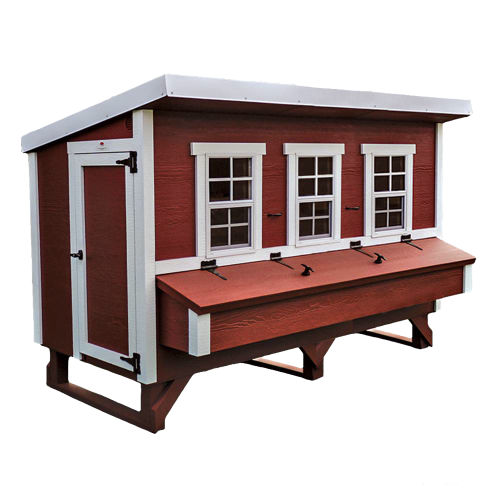 Handcrafted heavy-duty chicken coop with red wooden panels and white trim, featuring multiple windows, secure door, and slanted roof, designed for year-round use in Farm, Garden & Tool, Chicken Accessories, USA Made, Amish Made, and Best Sellers collections.