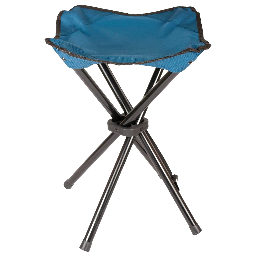 Compact three-legged folding stool with blue fabric seat and black metal legs, ideal for camping, picnics, and outdoor use, featured in Farm, Garden & Tool, Camping, Best Sellers, Promo Eligible, and Sale collections.