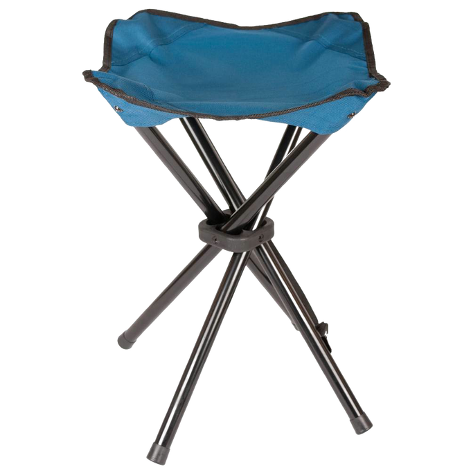 Compact three-legged folding stool with blue fabric seat and black metal legs, ideal for camping, picnics, and outdoor use, featured in Farm, Garden & Tool, Camping, Best Sellers, Promo Eligible, and Sale collections.
