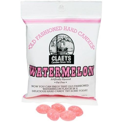 White bag of handcrafted watermelon flavored old-fashioned hard candies, fat free and made in USA, perfect for Kitchen & Food, Snacks and Sweets, USA Made, Best Sellers, and Promo Eligible collections.