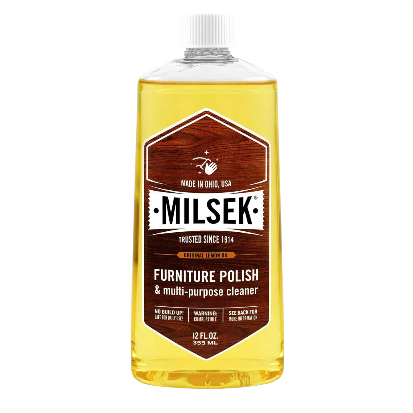 Plastic bottle of handcrafted wood furniture polish and multi-purpose cleaner with amber liquid and white cap, featuring a vintage-inspired label, perfect for Home & Decor and USA Made collections.