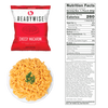 Red and white ReadyWise cheesy macaroni freeze-dried pouch paired with a white plate of creamy elbow macaroni garnished with green herbs, alongside detailed nutritional facts label, featured in Kitchen & Food, Emergency Supplies, and Pantry collections.