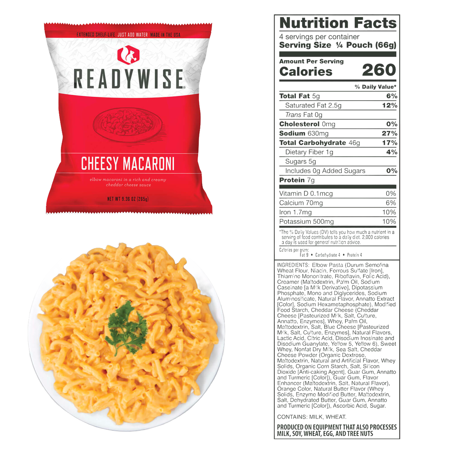 Red and white ReadyWise cheesy macaroni freeze-dried pouch paired with a white plate of creamy elbow macaroni garnished with green herbs, alongside detailed nutritional facts label, featured in Kitchen & Food, Emergency Supplies, and Pantry collections.