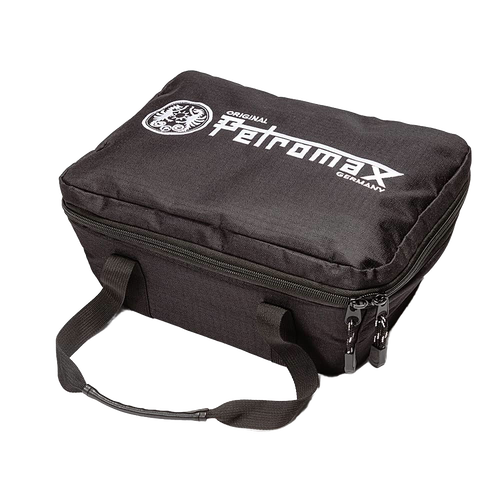 Black durable transport bag with zippered closure and handles, designed for safely carrying loaf pans, ideal for camping, farm, garden, bread making supplies, and promo collections.