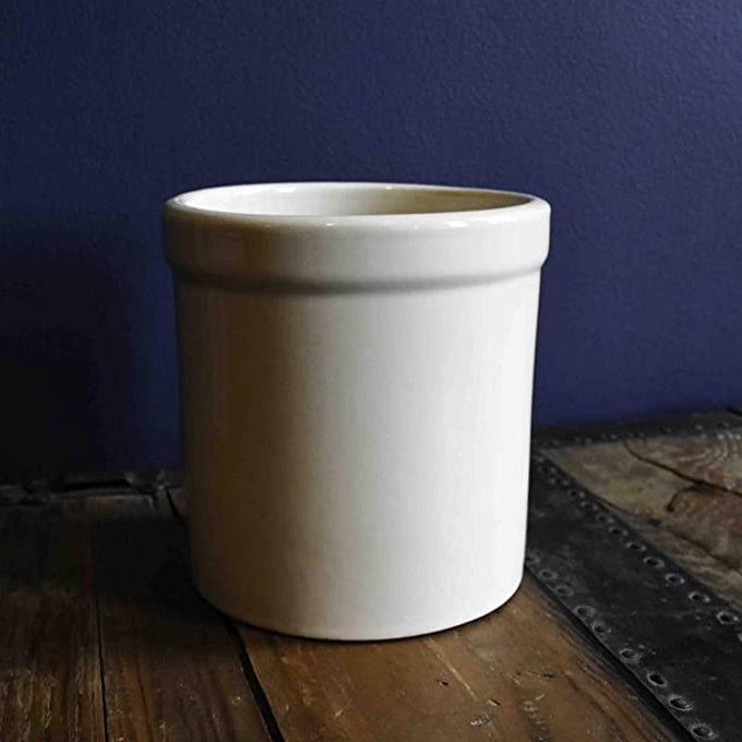 Cream-colored stoneware crock with a smooth finish, handcrafted for Kitchen & Food, Food Preservation, and Fermenting and Pickling collections, featuring durable Amish made quality.