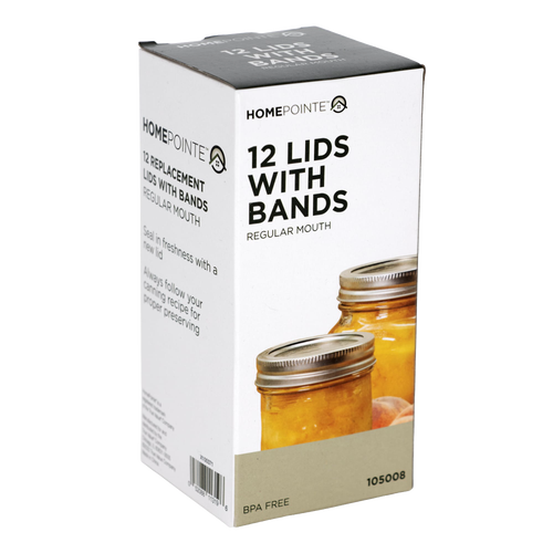 Box containing 12 replacement regular-mouth jar lids and bands with BPA-free sealing compound, shown with jars of preserved fruit, ideal for Kitchen & Food and Food Preservation collections.
