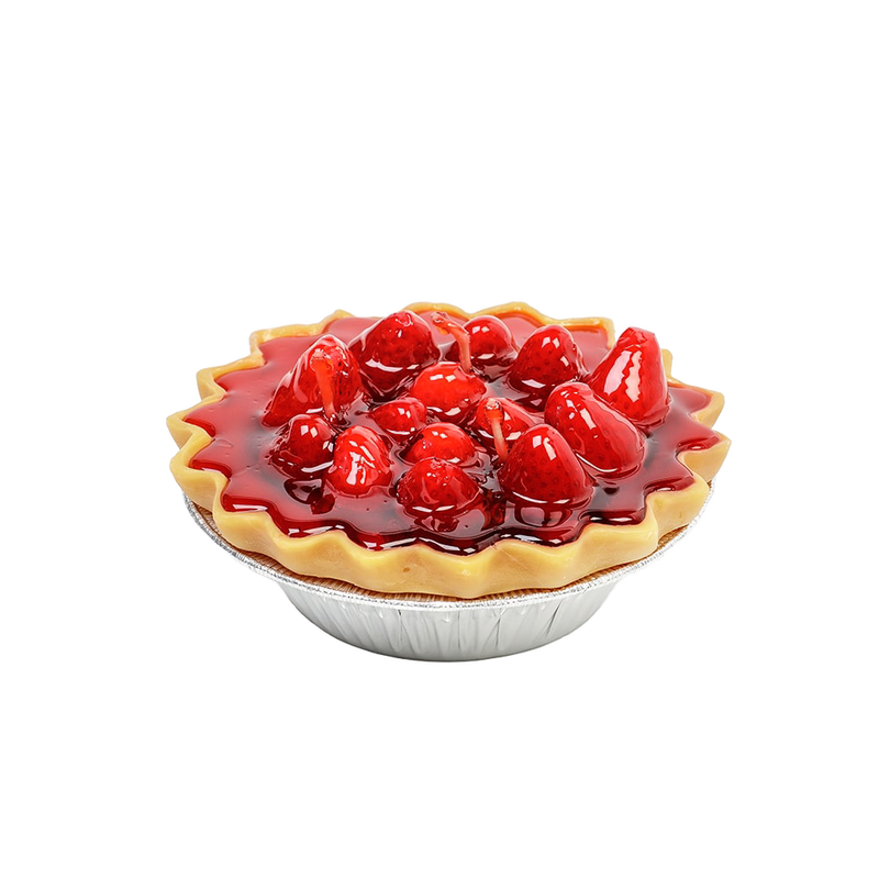 Hand-poured scented candle resembling a strawberry pie with glossy red topping and shiny fruit, handcrafted in the USA, ideal for kitchen décor and holiday hosting collections.
