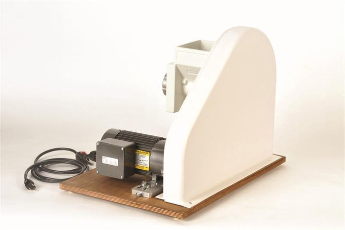 Handcrafted motorization setup with gear-reduced 1/9 HP electric motor, pulley, belt, and mounting board, designed for grain mills, made in USA and ideal for Kitchen & Food and Bread Making Supplies collections.