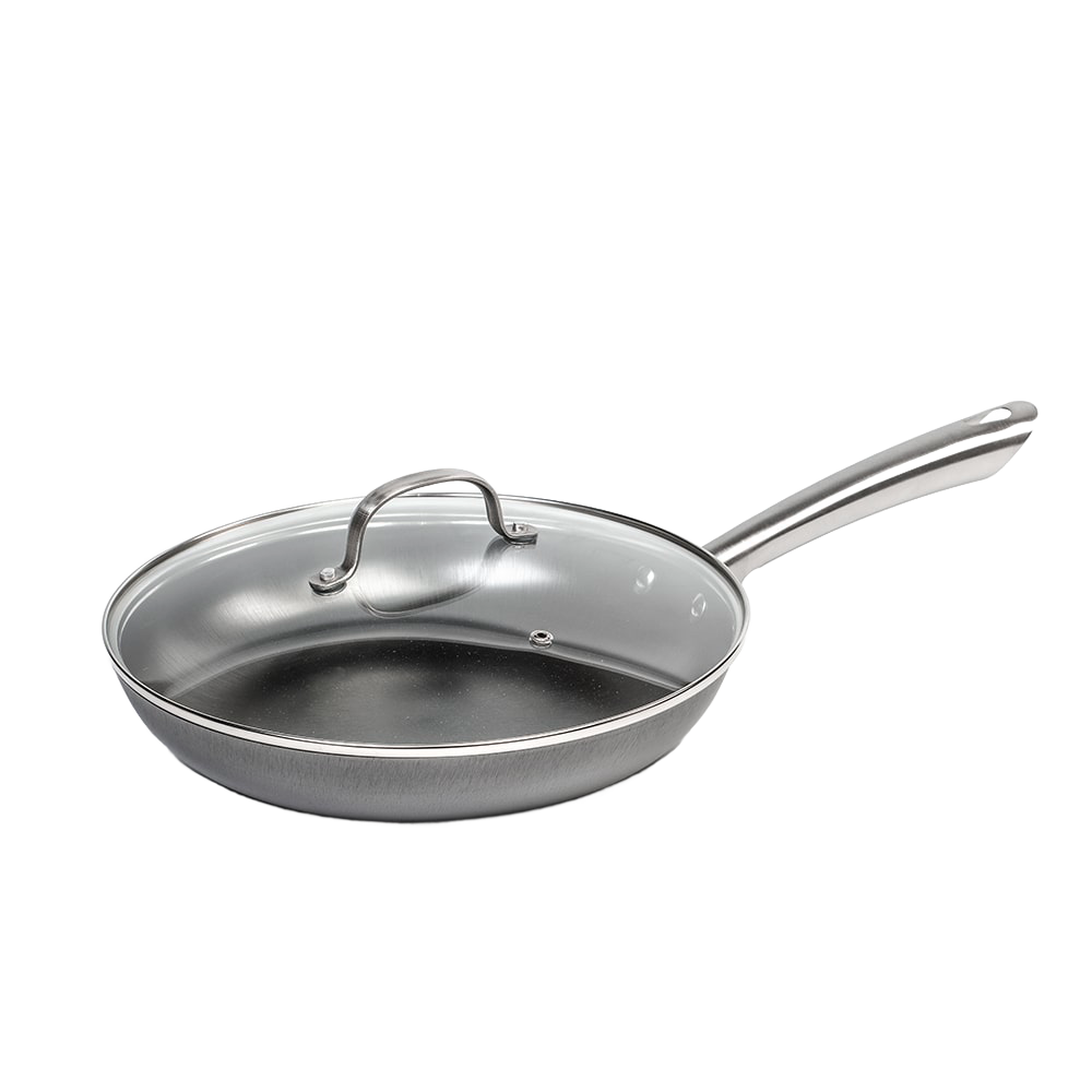 Handcrafted nitrogen hardened cast iron skillet with a smooth stainless steel handle and clear glass lid, designed for Kitchen & Food, Cookware, Cast Iron, Best Sellers, and Sale collections.