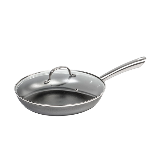 Handcrafted nitrogen hardened cast iron skillet with a smooth stainless steel handle and clear glass lid, designed for Kitchen & Food, Cookware, Cast Iron, Best Sellers, and Sale collections.