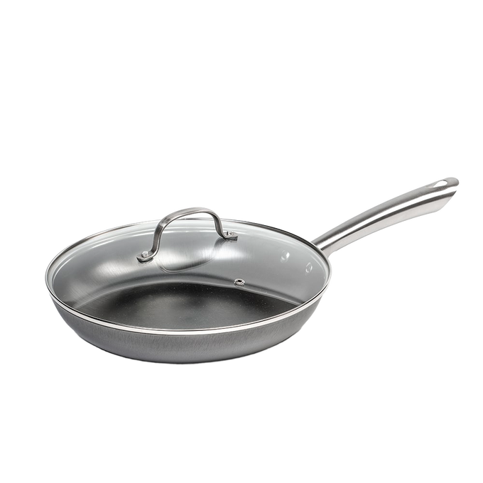 Handcrafted nitrogen hardened cast iron skillet with a smooth stainless steel handle and clear glass lid, designed for Kitchen & Food, Cookware, Cast Iron, Best Sellers, and Sale collections.