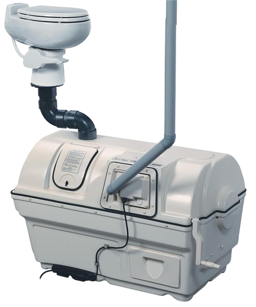 Compact composting toilet system in light gray with integrated bio-drum and ventilation pipe, designed for high capacity use; featured in Appliances, Composting Toilets, Best Sellers collections.